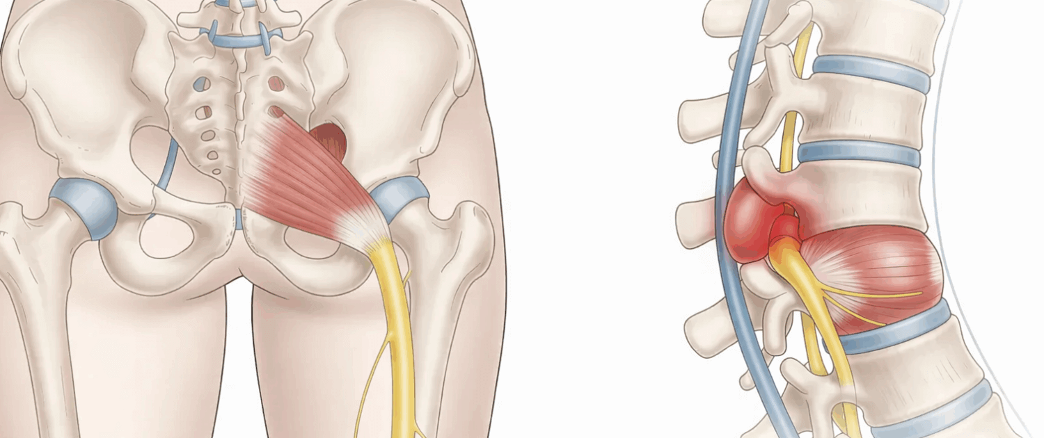 Sciatica vs piriformis syndrome anatomy diagram showing sciatic nerve compression at the spine versus piriformis muscle in the hip — Synergy Institute Acupuncture & Chiropractic Naperville IL