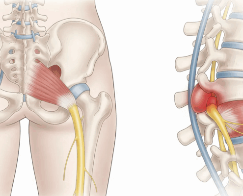 Sciatica vs piriformis syndrome anatomy diagram showing sciatic nerve compression at the spine versus piriformis muscle in the hip — Synergy Institute Acupuncture & Chiropractic Naperville IL
